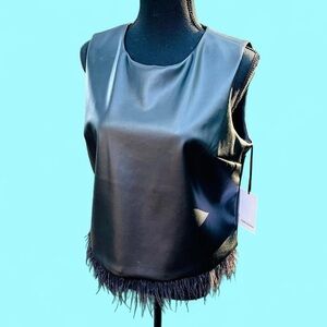 FORCYNTHIA Black Faux Leather Sleeveless Blouse Ostrich Feather Hem Medium